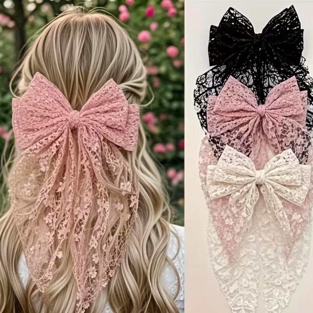 Lace Bow Hair Clip Set Pink Black‎ Cream Romantic Ribbon Clips
